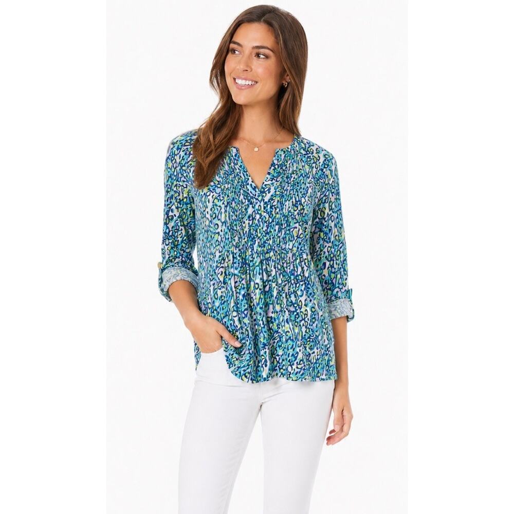 Lilly Pulitzer Pima Cotton Tunic Top Sz M Teal Abstract Print Roll Tab Sleeve